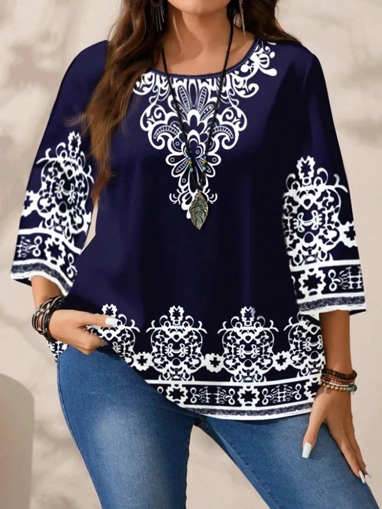 Plus Size Women’s Boho Floral T-Shirt – Navy Blue, 3/4 Sleeves