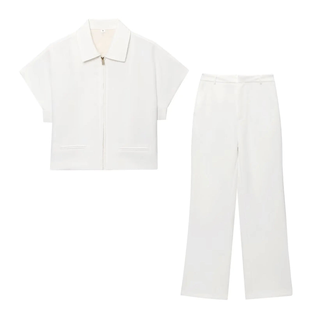 TFMLN Fashion Set For Women Summer 2025 New Slim Lapel Zipper Short Sleeve Coat Top Wide Leg Pants Two Piece Set Leisure Black