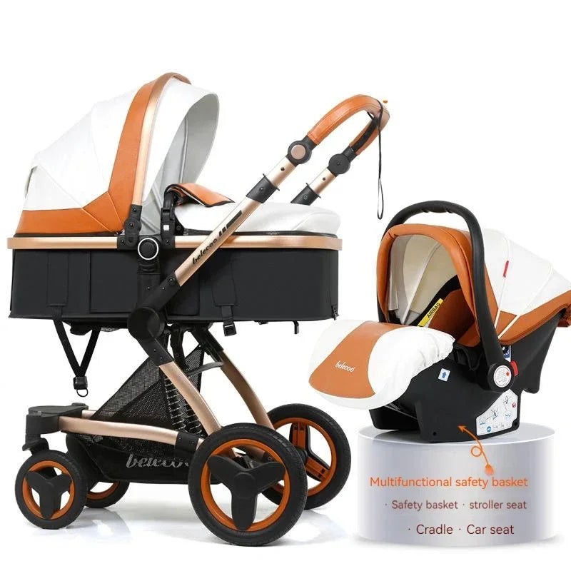 Luxury High-end baby stroller 3in1, Belecoo X6 high landscape baby cart with car basket,can sit, lie down and fold two-way cart