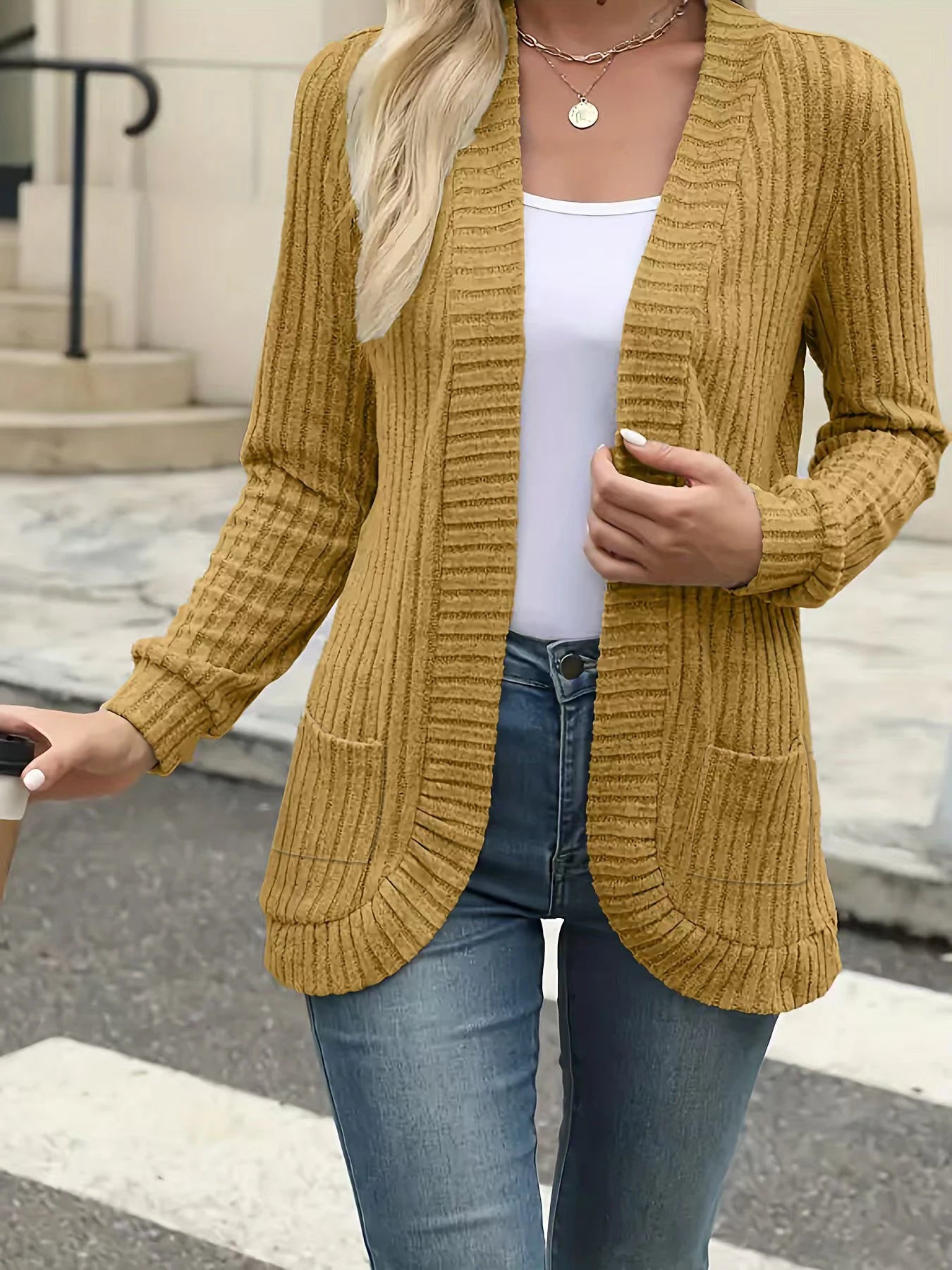 New fashion women's solid color casual pit stripe brushed cardigan jacket