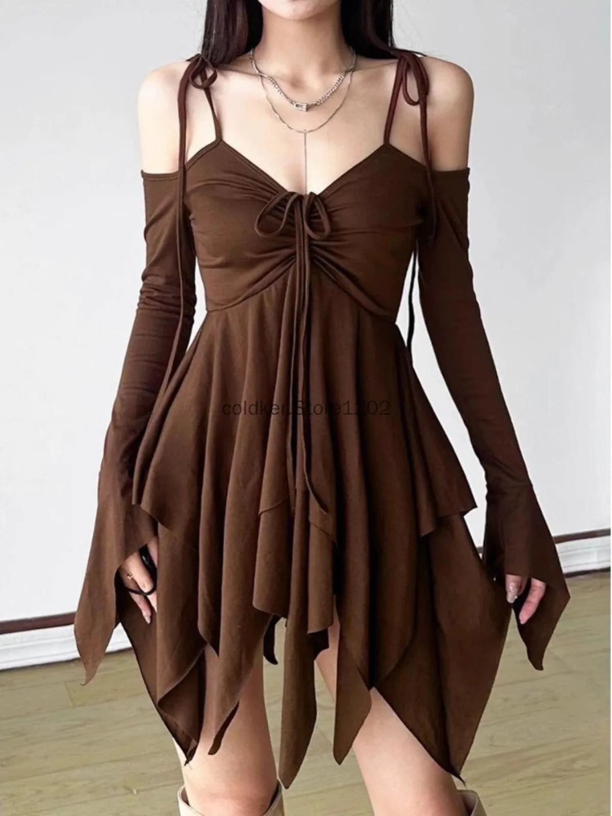 2025 Gothic Women Clothing Drawstring Pleated Short Dresses Solid Color Y2K Irregular Lace-Up Off The Shoulder Long Sleeve Dress