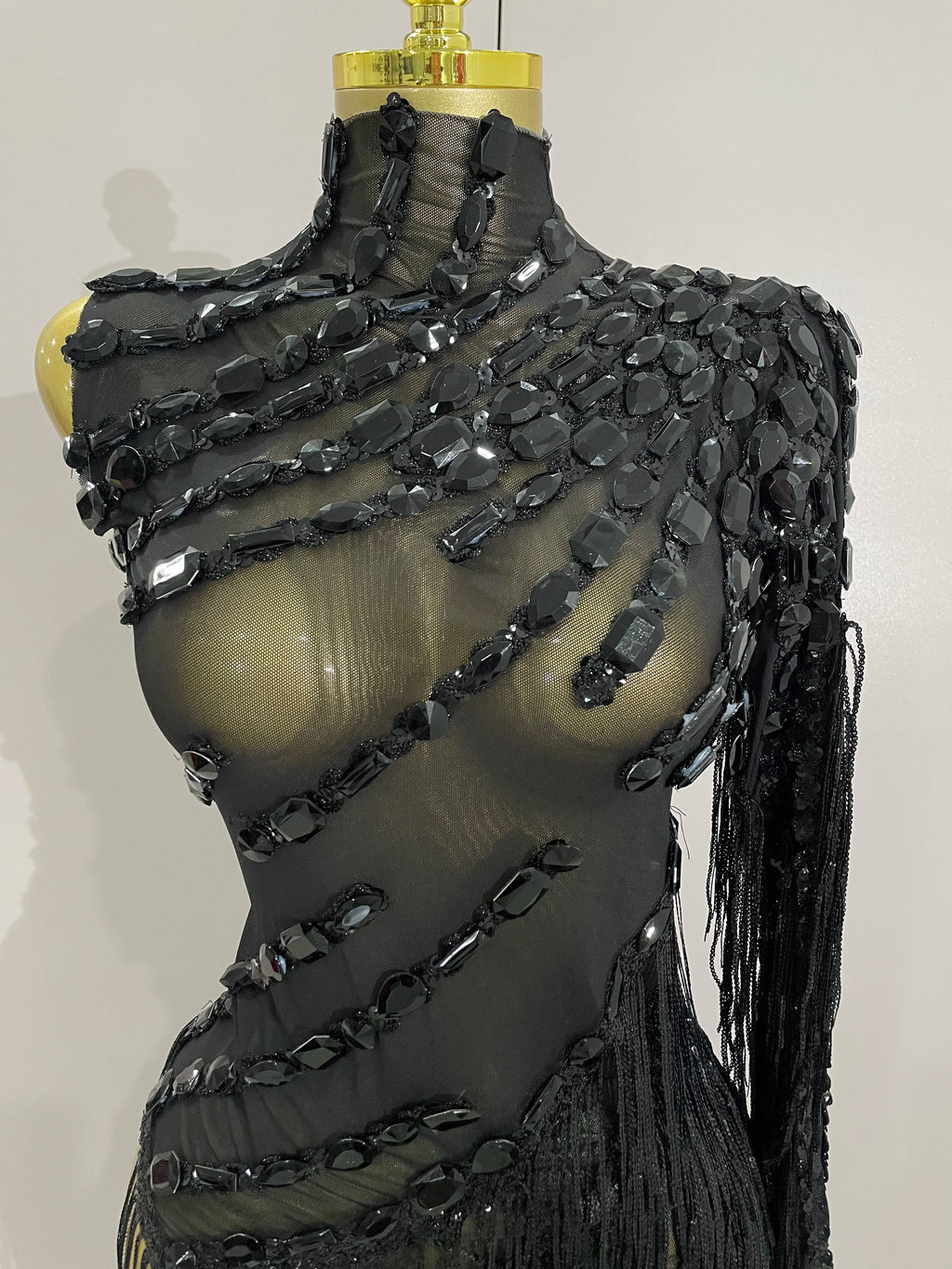 New Stage Costume Sparkly Rhinestones Tassel Sexy See-Through Dress Women One Shoulder Latin Dance Bars Nightclub Party Outfits