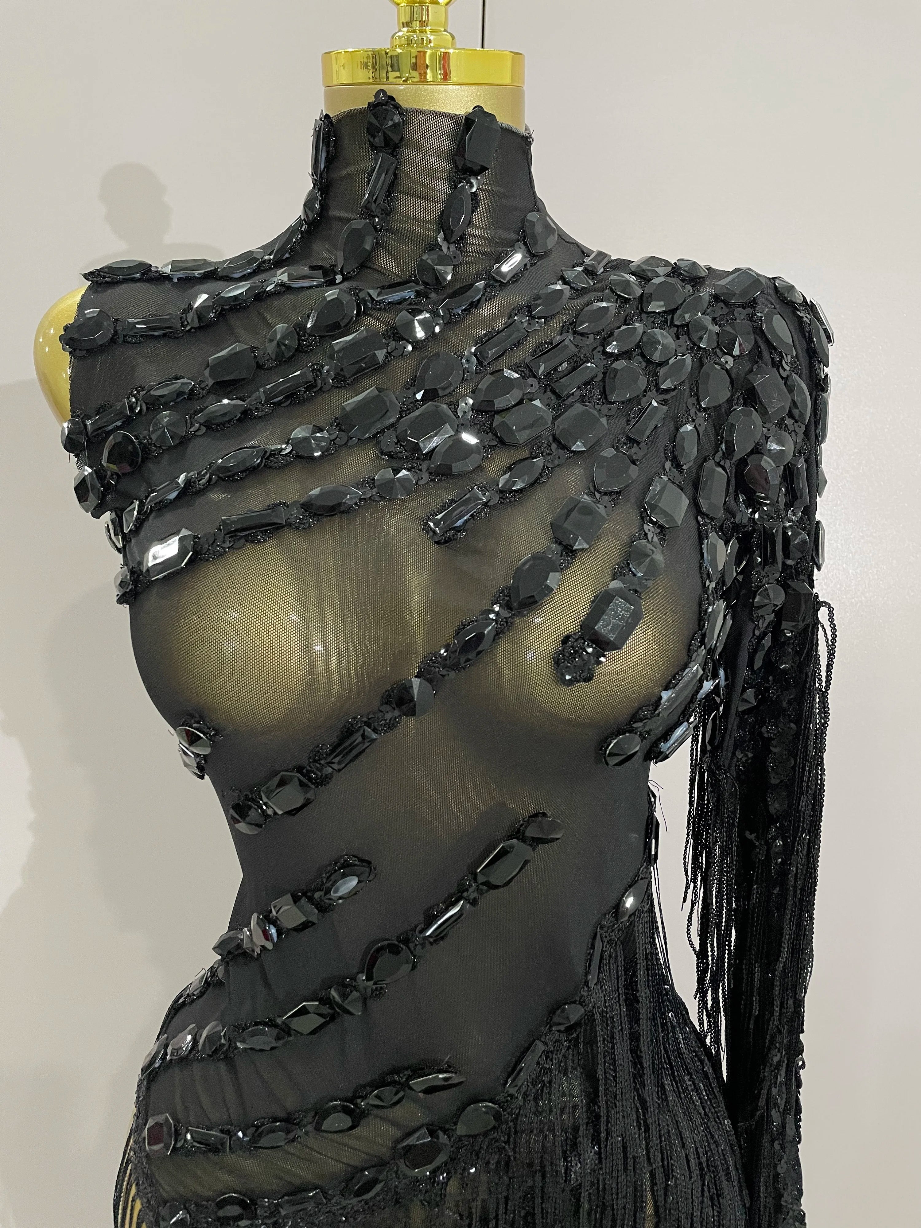 New Stage Costume Sparkly Rhinestones Tassel Sexy See-Through Dress Women One Shoulder Latin Dance Bars Nightclub Party Outfits