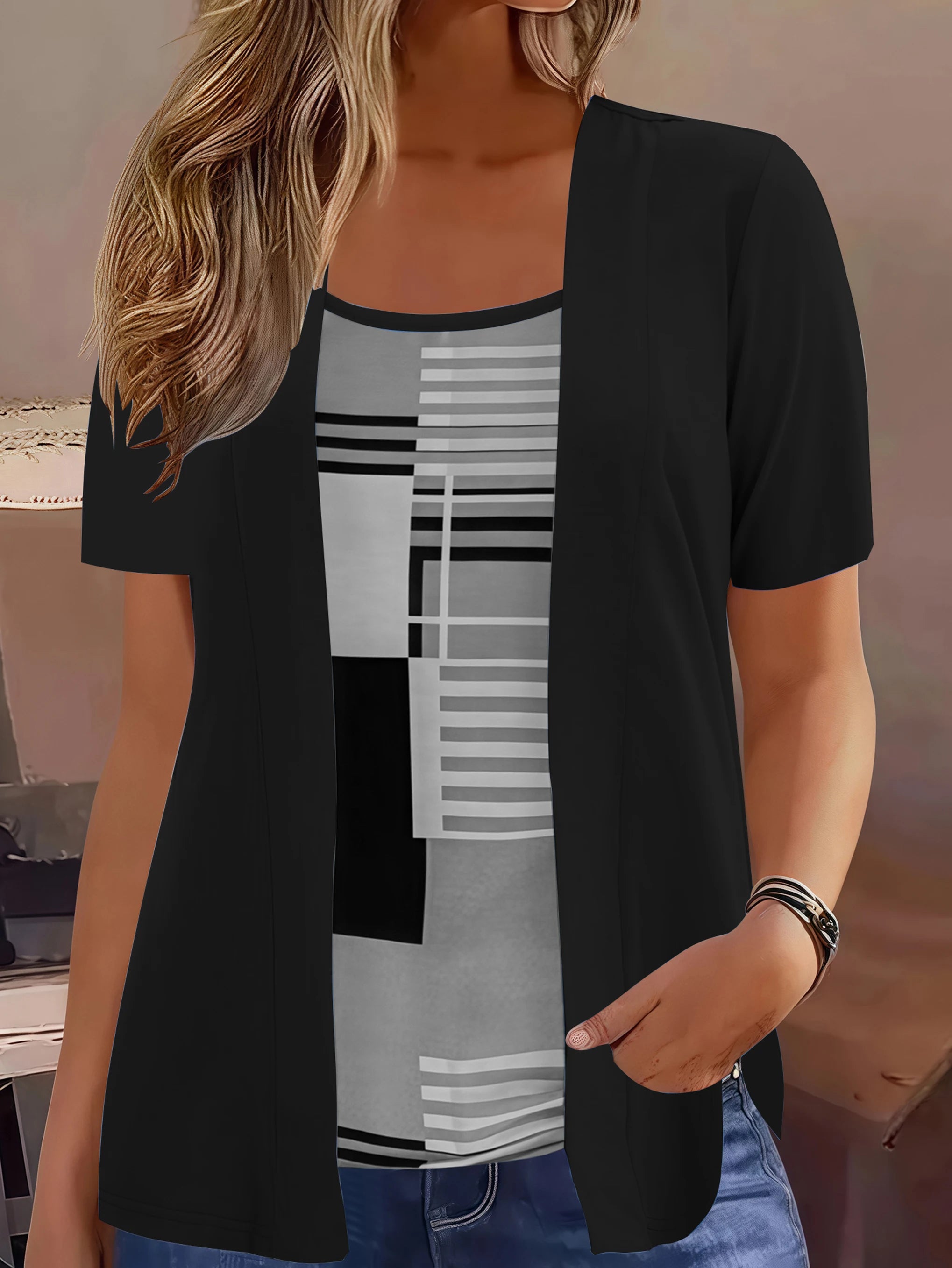 Elegant Geometric Print Mock Two-Piece T-Shirt | Plus Size Womens Summer Casual Top | Fashion Patchwork Design