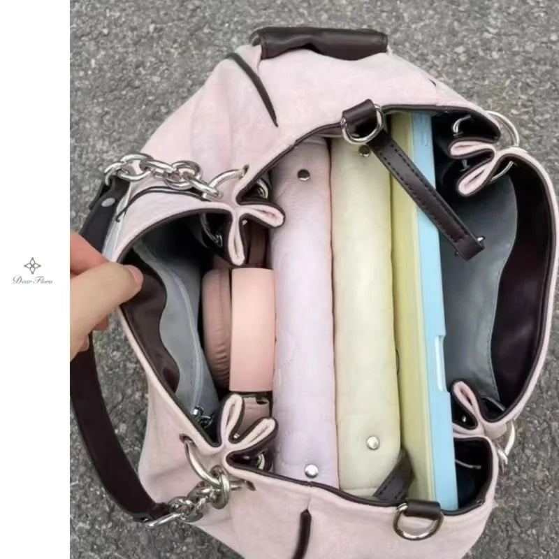 Y2K Women Pink Vintage Gothic Tote Bag Aesthetic Large Capacity Embroidery Letter Retro Ladies Grunge Chain Travel Shoulder Bags