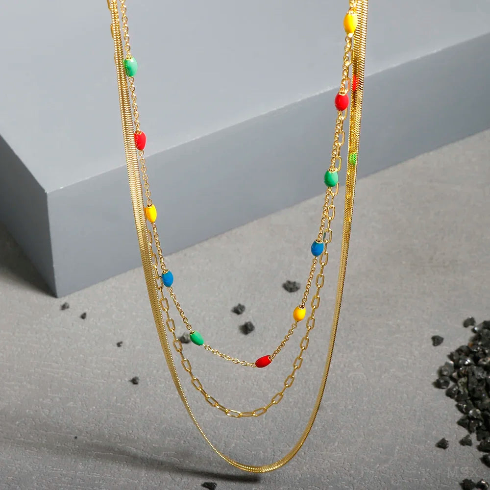 Merci Girl 18K Gold-Plated Triple-Layer Pendant Necklace — Stainless Steel, Waterproof & Colorfast