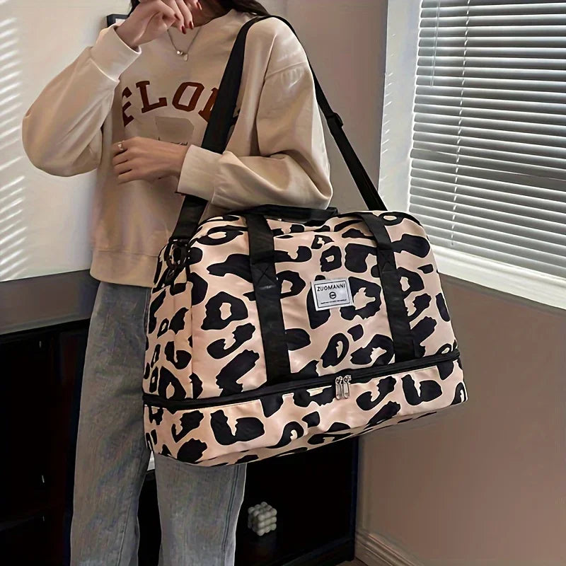 Large Capacity Nylon Travel Duffle Bag with Animal Print, Sports Gym Storage Bag, Portable Women'S Weekender Overnight Bag