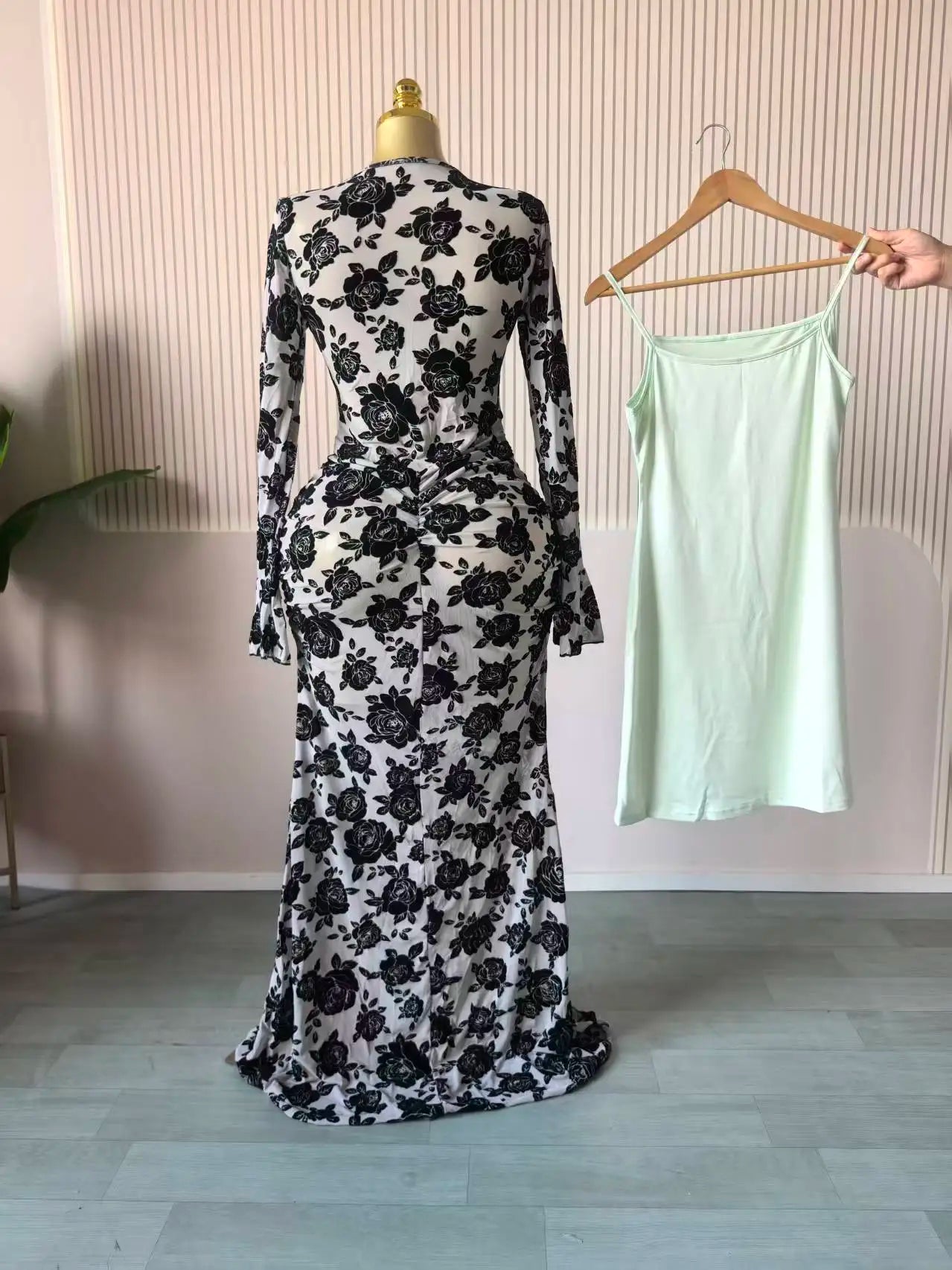 CM.YAYA Women Long Sleeve Stacked Mesh See Though with Lining Bodycon Long Dress 2025 Autumn Evening Birthday Sexy Party Dresses