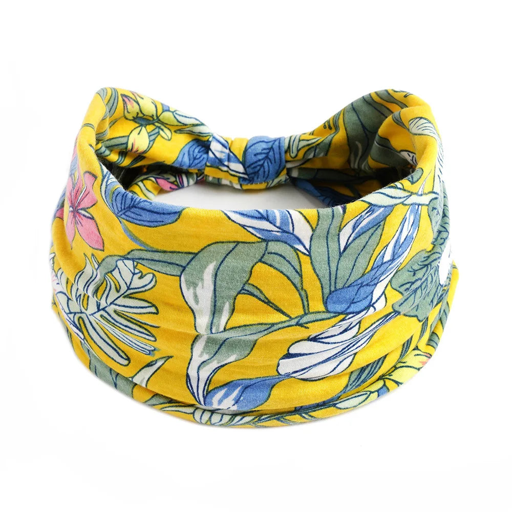 Boho Wide Knot Floral Cotton Headband | Stretch Turban Hair Scarf for Women