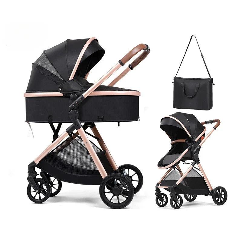 2-in-1 multifunctional baby stroller, baby stroller can sit or lie down, newborn high landscape stroller with mommy bag