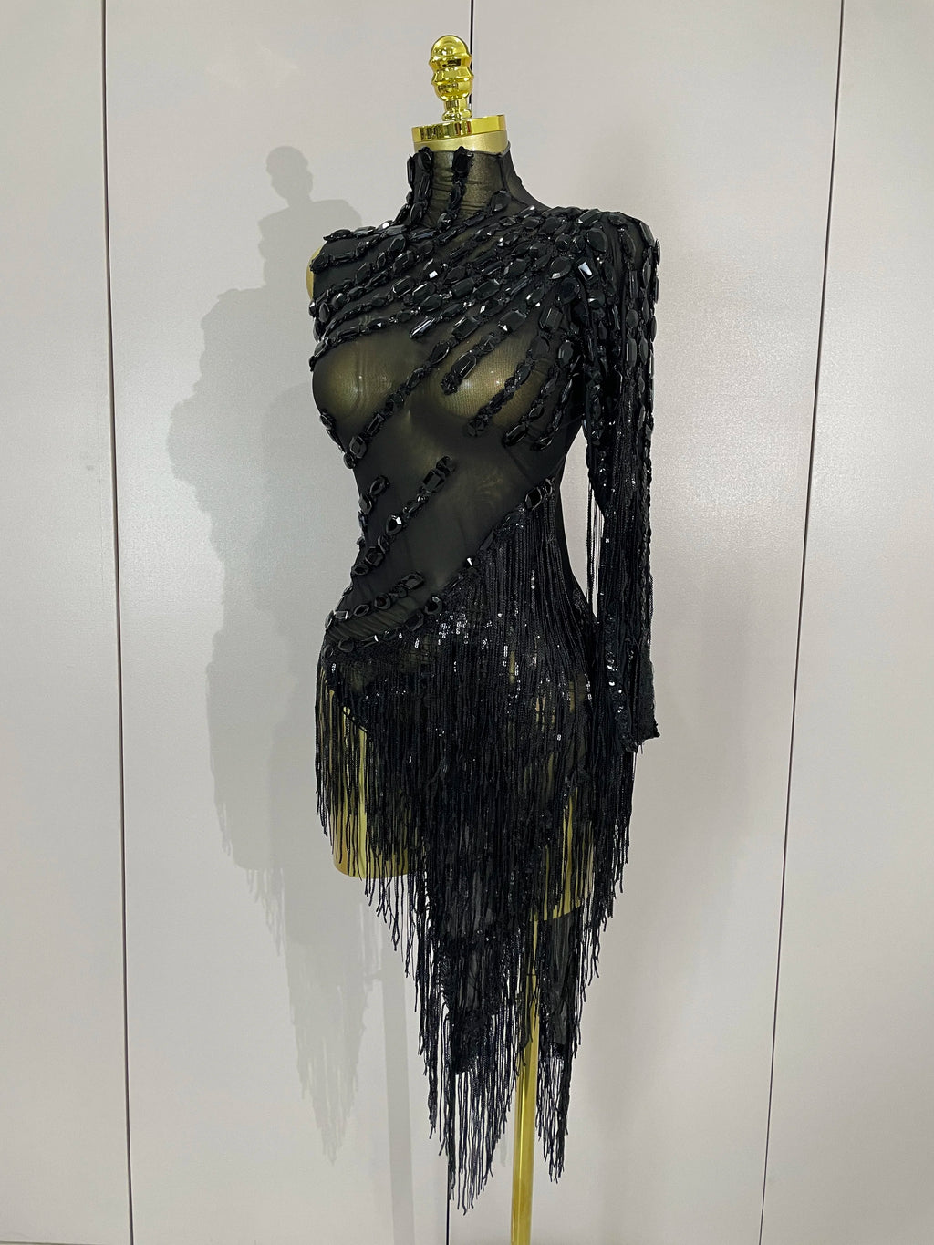 New Stage Costume Sparkly Rhinestones Tassel Sexy See-Through Dress Women One Shoulder Latin Dance Bars Nightclub Party Outfits