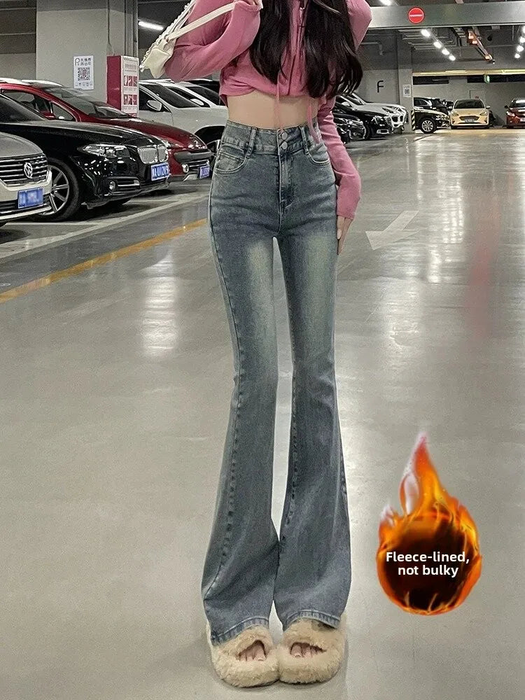 Fce Lined Thiened Autumn Winter American Sle High Waist Slim Fit Drapey Micro Flared Jeans Women's Premium Denim Pants