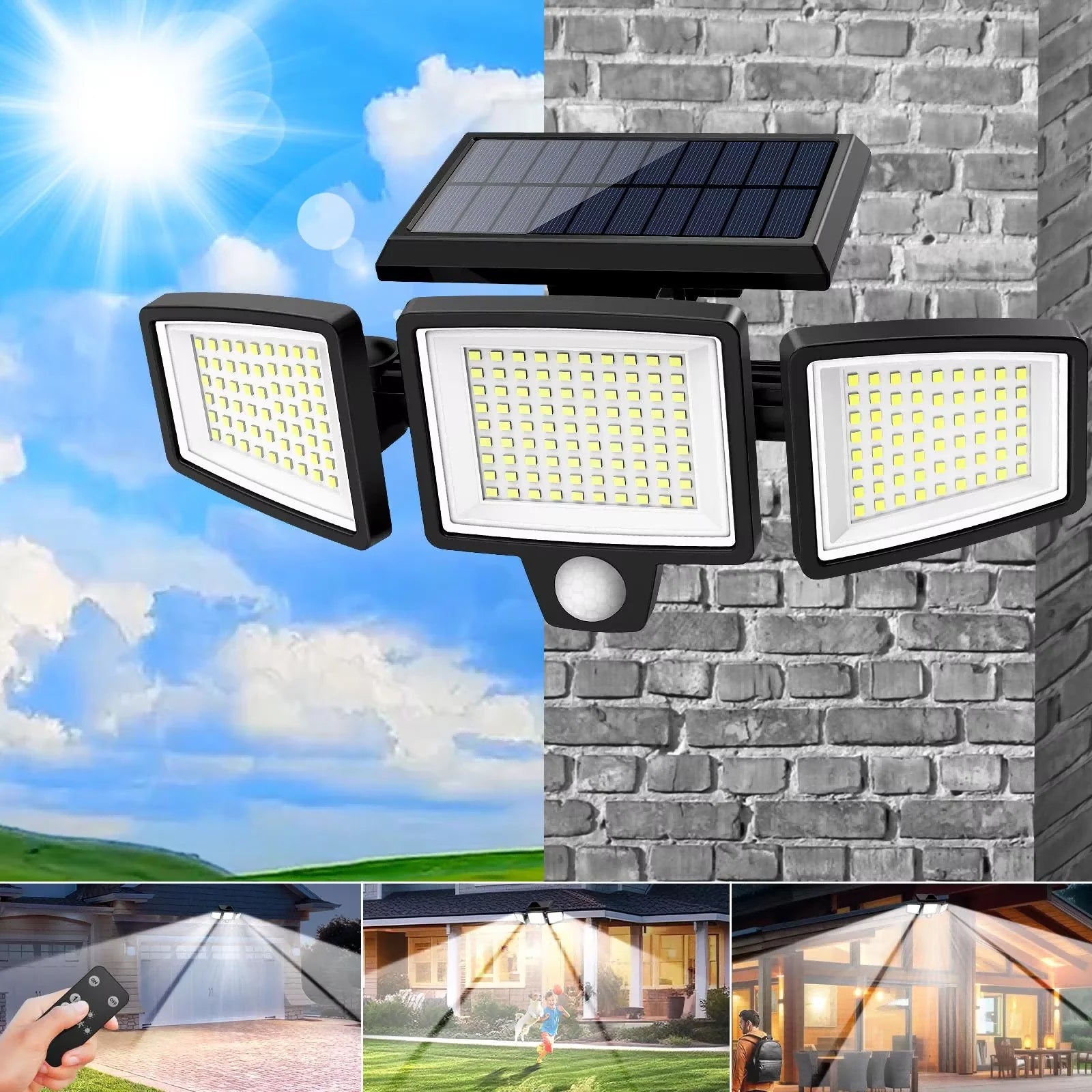 SZRSTH 3-Head Solar Motion Sensor Light | Remote Control, 3 Modes
