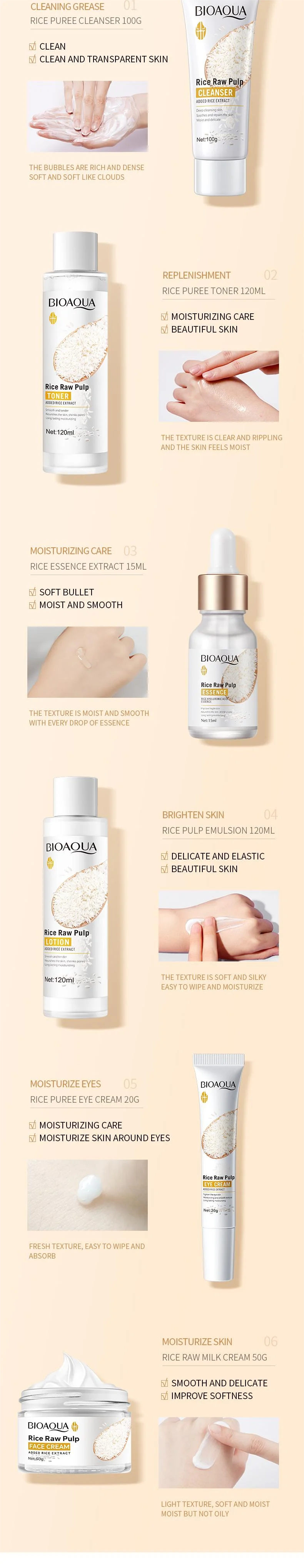 BIOAOUA Rice Puree Rejuvenating and Moisturizing six-piece Set Whitening Firming Anti-aging Beauty Facial Skincare Set