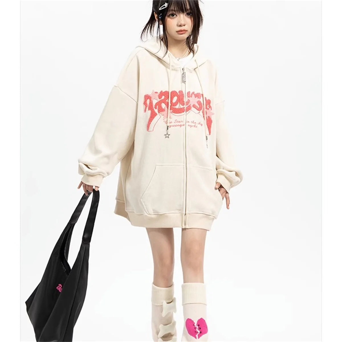 Fashion Embroidery Zip Up Hoodies Women Autumn Long Sleeve Tops Loose Hood Shirt Harajuku Y2K Clothes Female Sweatshirt Jacket