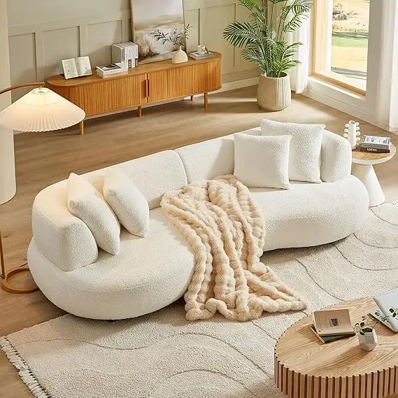 Contemporary 4-Seat Curved Sectional Sofa with Boucle Fabric and Pillows, Wooden Legs Living Room Furniture