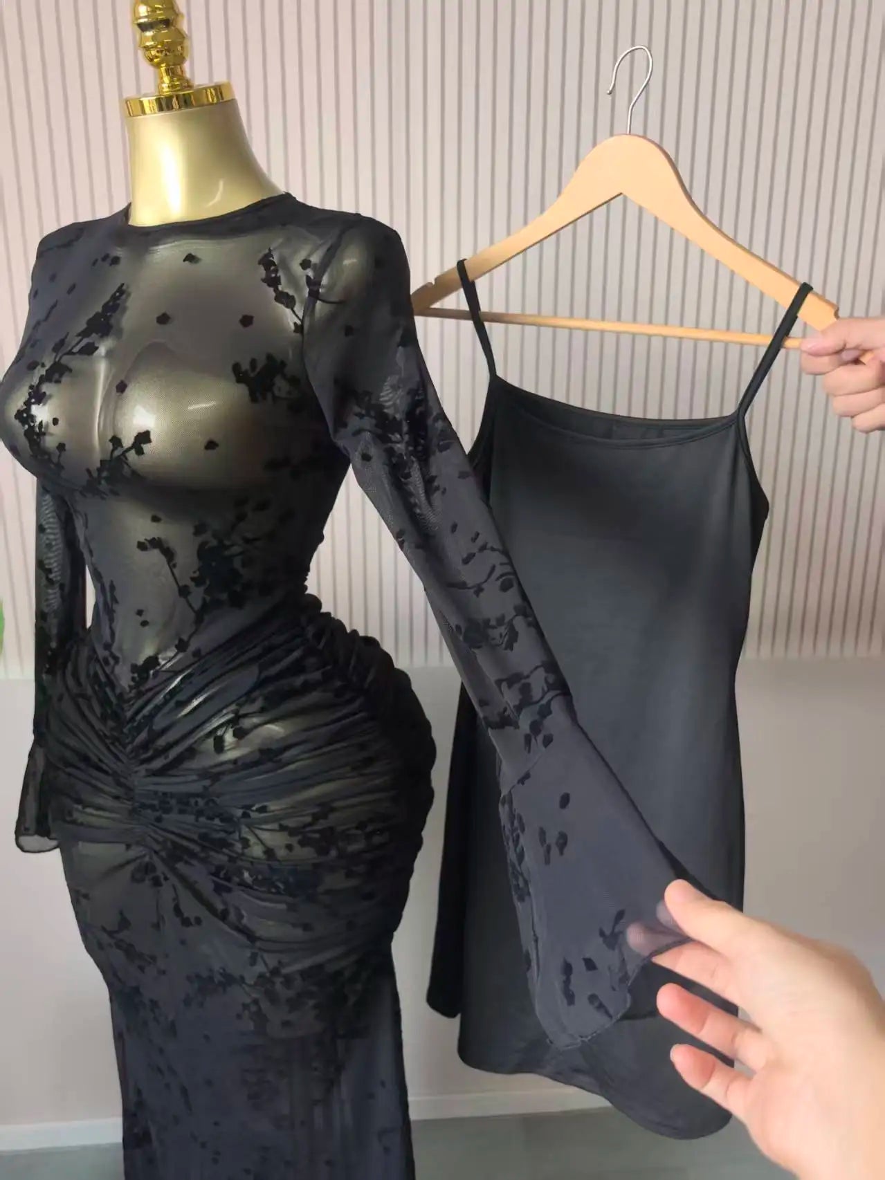 CM.YAYA Women Long Sleeve Stacked Mesh See Though with Lining Bodycon Long Dress 2025 Autumn Evening Birthday Sexy Party Dresses