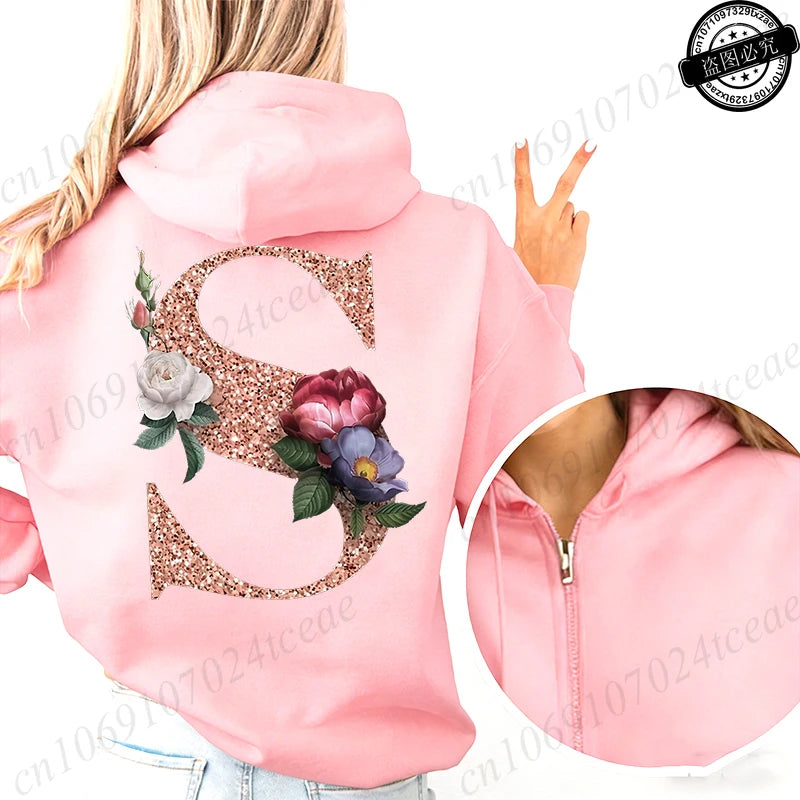 Women Zip Up Hoodies Rose Gold Letter A~Z Zipper Jackets Coats Autumn Winter Hoody Sweatshirt Fashion Casual Zip Pink Hoodie Top