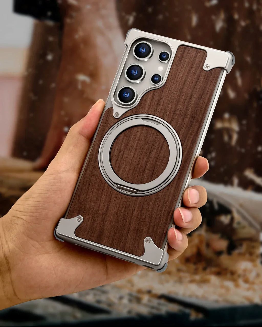 Eary Solid Wood Phone Case for Samsung Galaxy S25 S24 Ultra With Magsafe 360° Rotation Kickstand Frameless Protective Shells