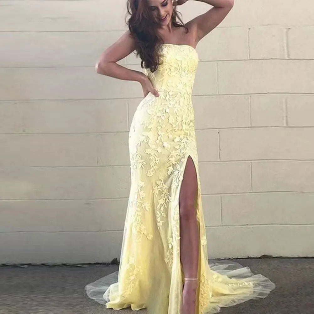 Customized Lace Appliques Strapless Prom Dresses Sexy Mermaid Side Slit Formal Evening Party Gowns Vestido De Fiesta