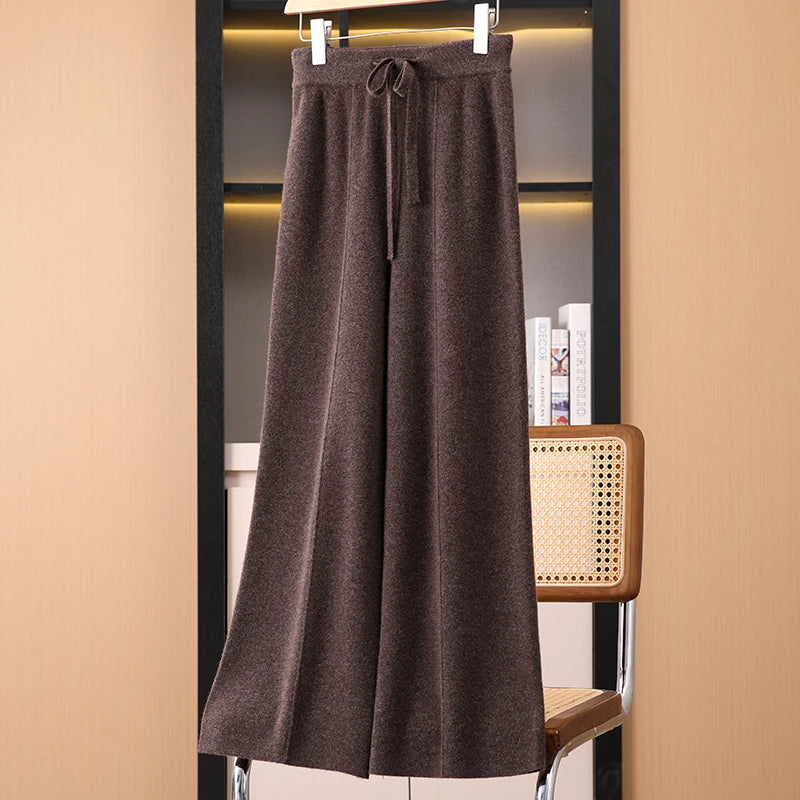 Women’s High-Waist Belted Knit Pants – Solid Color, Center-Crease Wide-Leg (Autumn/Winter 2026)