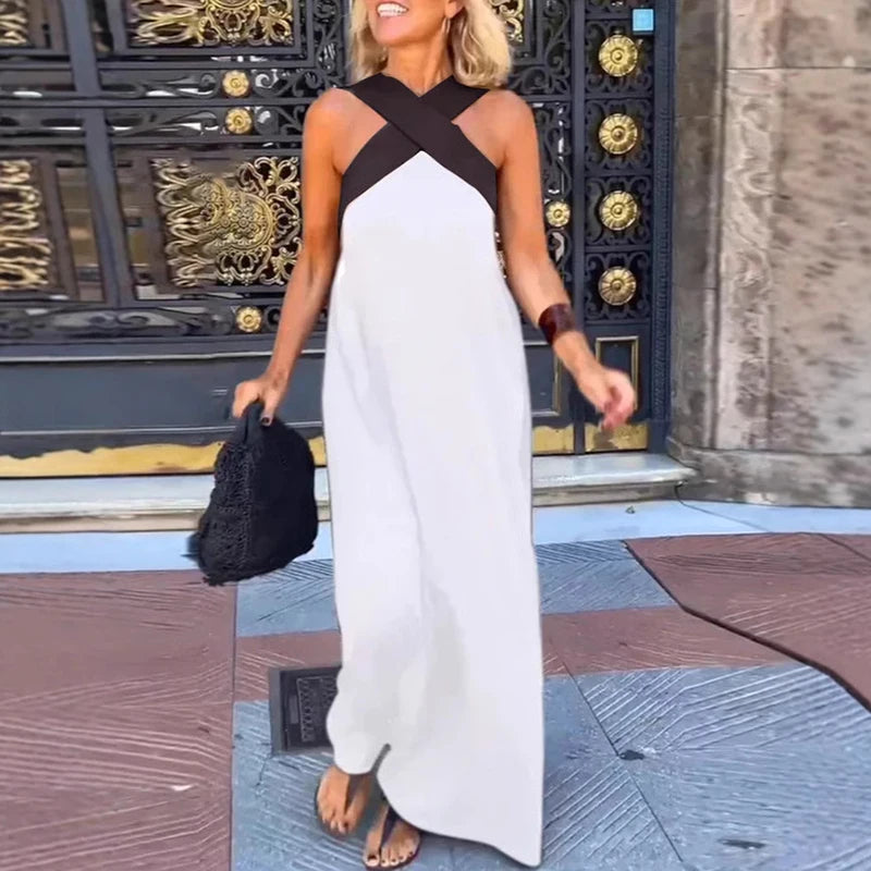 Vestido Sexy Cross Halter Sling Long Dress Women Spring Off Shoulder Hollow Party Dress Summer Sleeveless Backless Holiday Dress