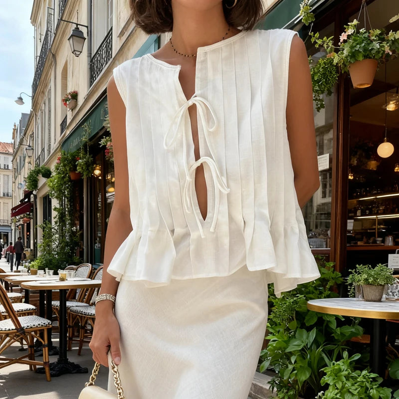 Linen Cotton Pleated Lace Up Sleeveless Short Shirt Blouse Women Slim Waist Crop Top Female Pleated Shirts 2024 New White