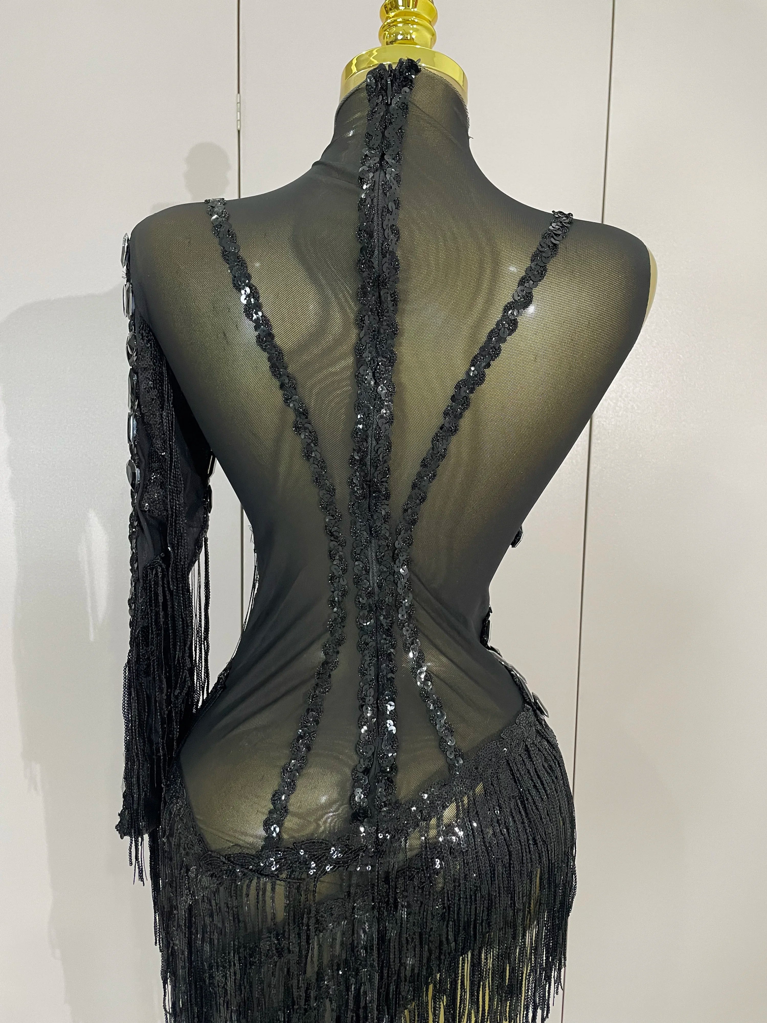 New Stage Costume Sparkly Rhinestones Tassel Sexy See-Through Dress Women One Shoulder Latin Dance Bars Nightclub Party Outfits