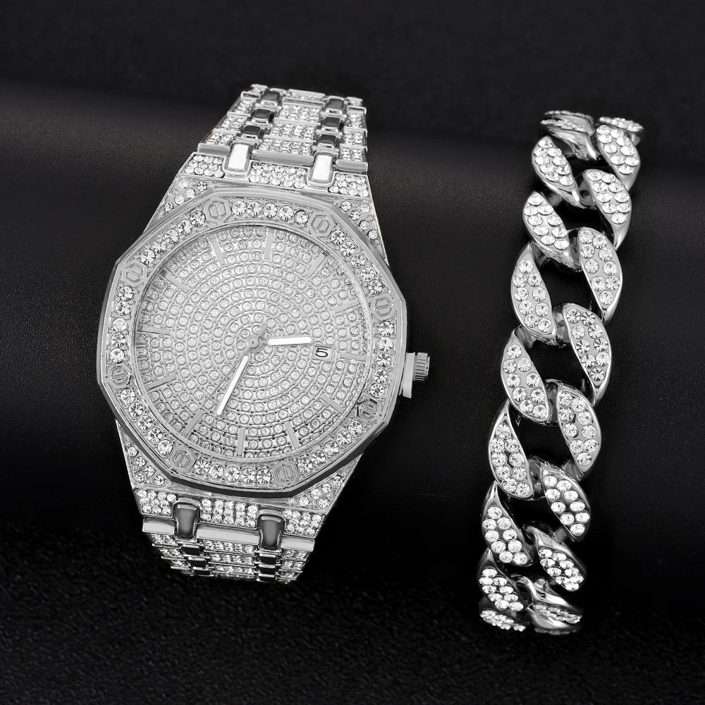 Women’s Full Iced-Out Watch Set | Green Dial Luxury Bling with Cuban & Tennis Chain Bracelets