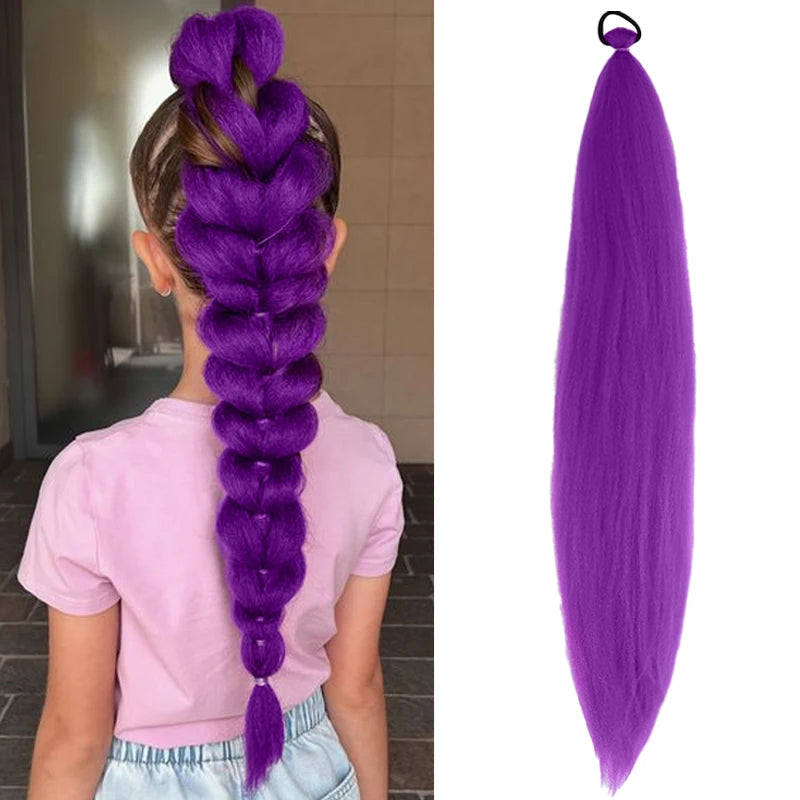 Synthetic Purple Hair Ponytail with Elastic Rubber Band Long Yaki Straight Ponytail for DIY Braiding for Christmas Halloween Use