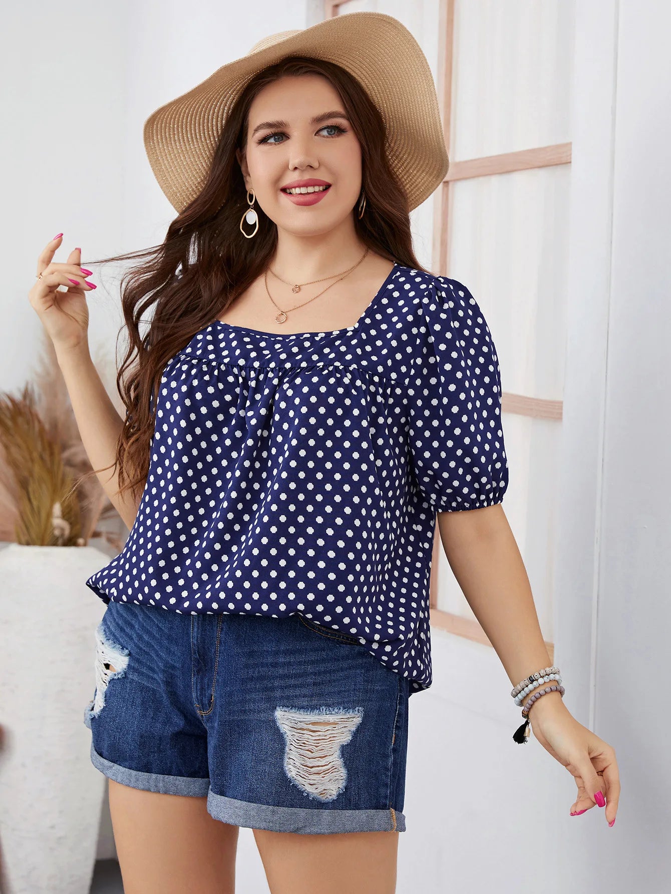 FairyShely Plus Size Square Collar Summer Top – Elegant Short Sleeve Casual T-Shirt for Women
