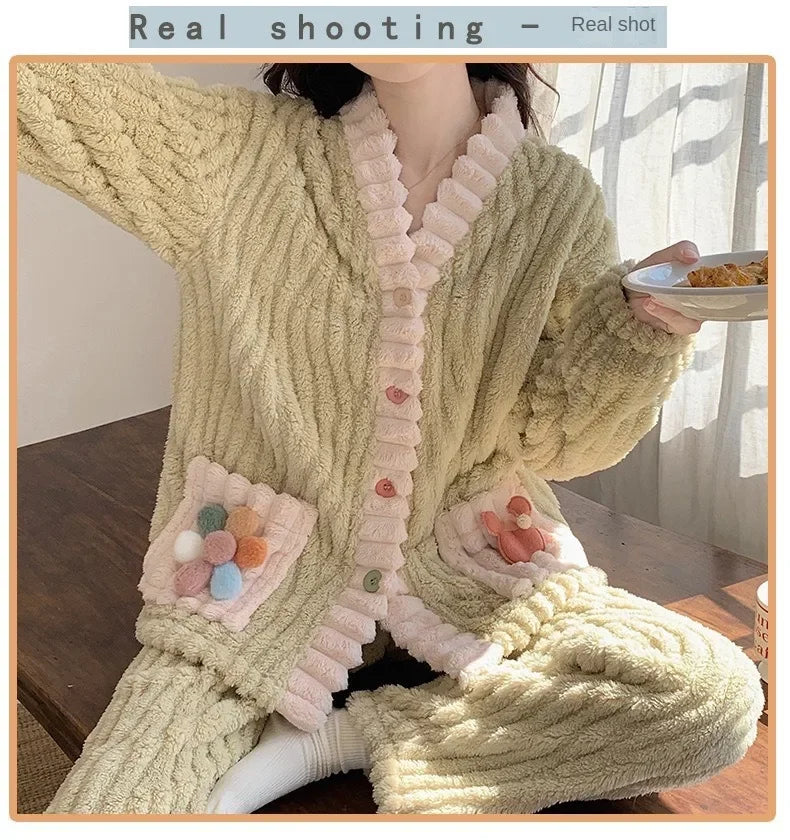 Women’s Flannel Cardigan Pajama Set – Soft Winter Lounge Top & Pants