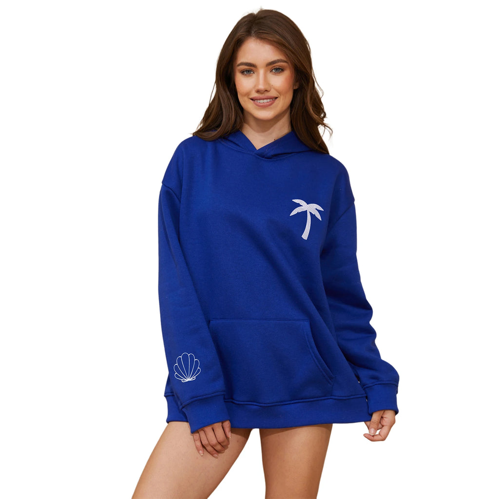 Women’s Coconut Tree Embroidered Hoodie – Loose Waffle-Knit Pullover