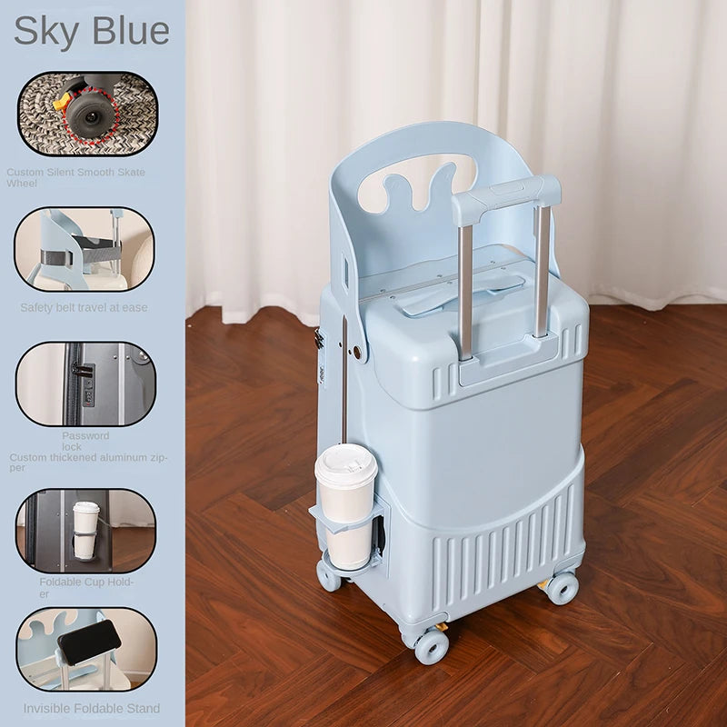 2025 New suitcase for children can Sit 20/22 inch Ride on Luggage Front Opening Sturdy Thickened Travel suitcase with Cup Holder
