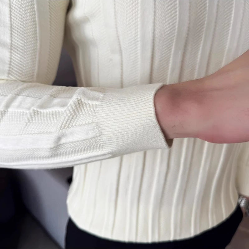 Men's Zip-Front Knit Sweater - White Polo Collar (Black/Burgundy/Cream) M-4XL Soft Touch Autumn Winter Casual Style