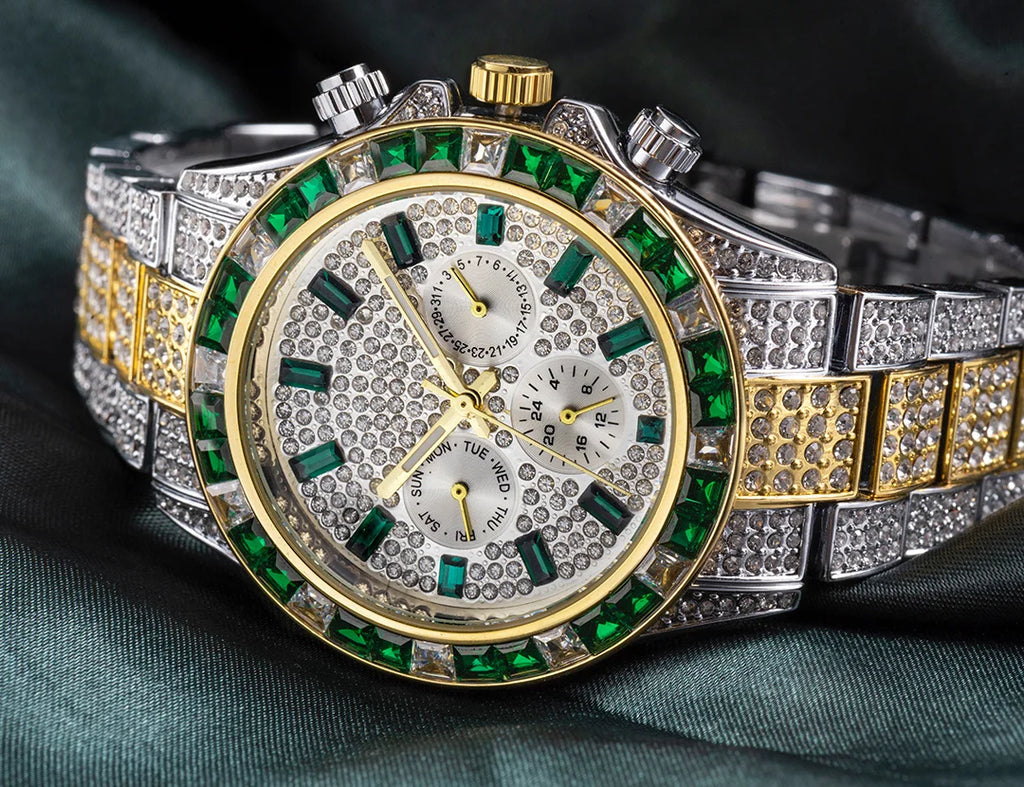 MISSFOX Men’s Luxury Bling Quartz Watch | 42mm, Calendar, 3ATM Water-Resistant, Gold-Tone Stainless Steel