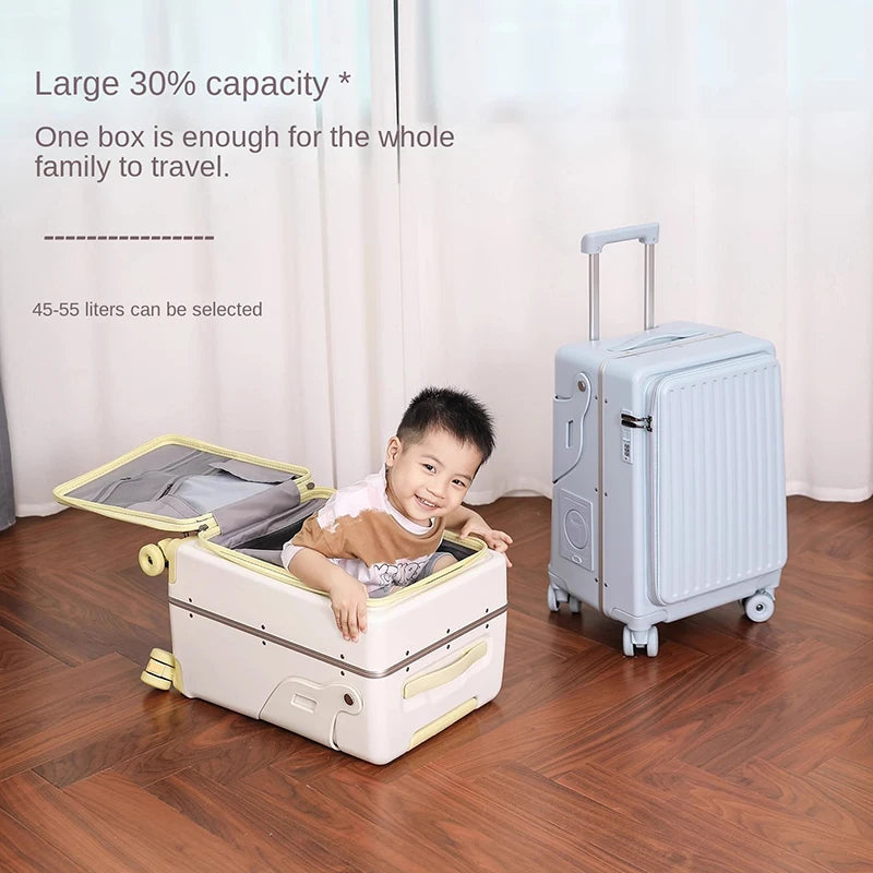 2025 New suitcase for children can Sit 20/22 inch Ride on Luggage Front Opening Sturdy Thickened Travel suitcase with Cup Holder