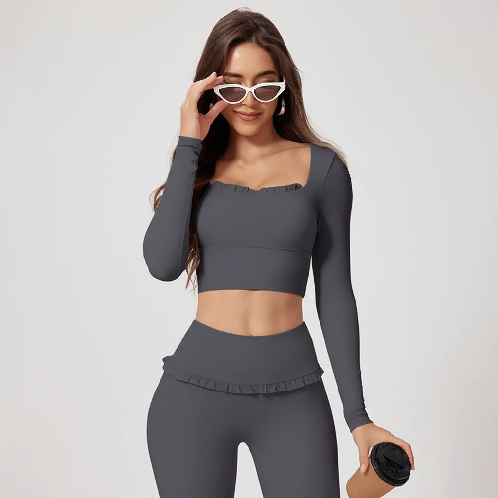 FrillFlow™ 2-Piece Yoga Set — Tummy-Control Flare Pants & Long-Sleeve Top