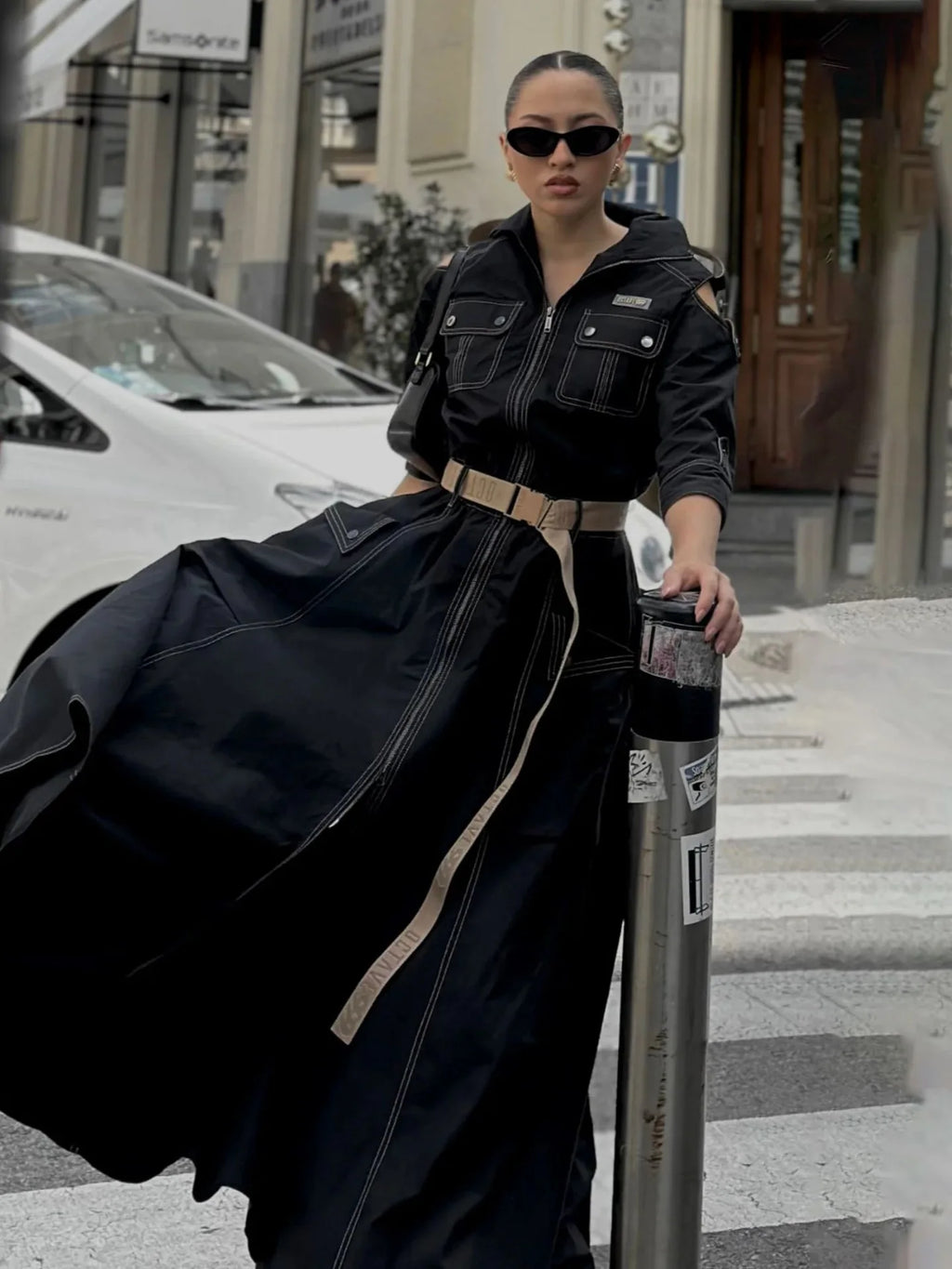 Summer Dress for Women 2026 Retro Turn-down Collar Cold Shoulder Half Sleeve Zipper Belt Pockets Split High Waist Maxi Dresses