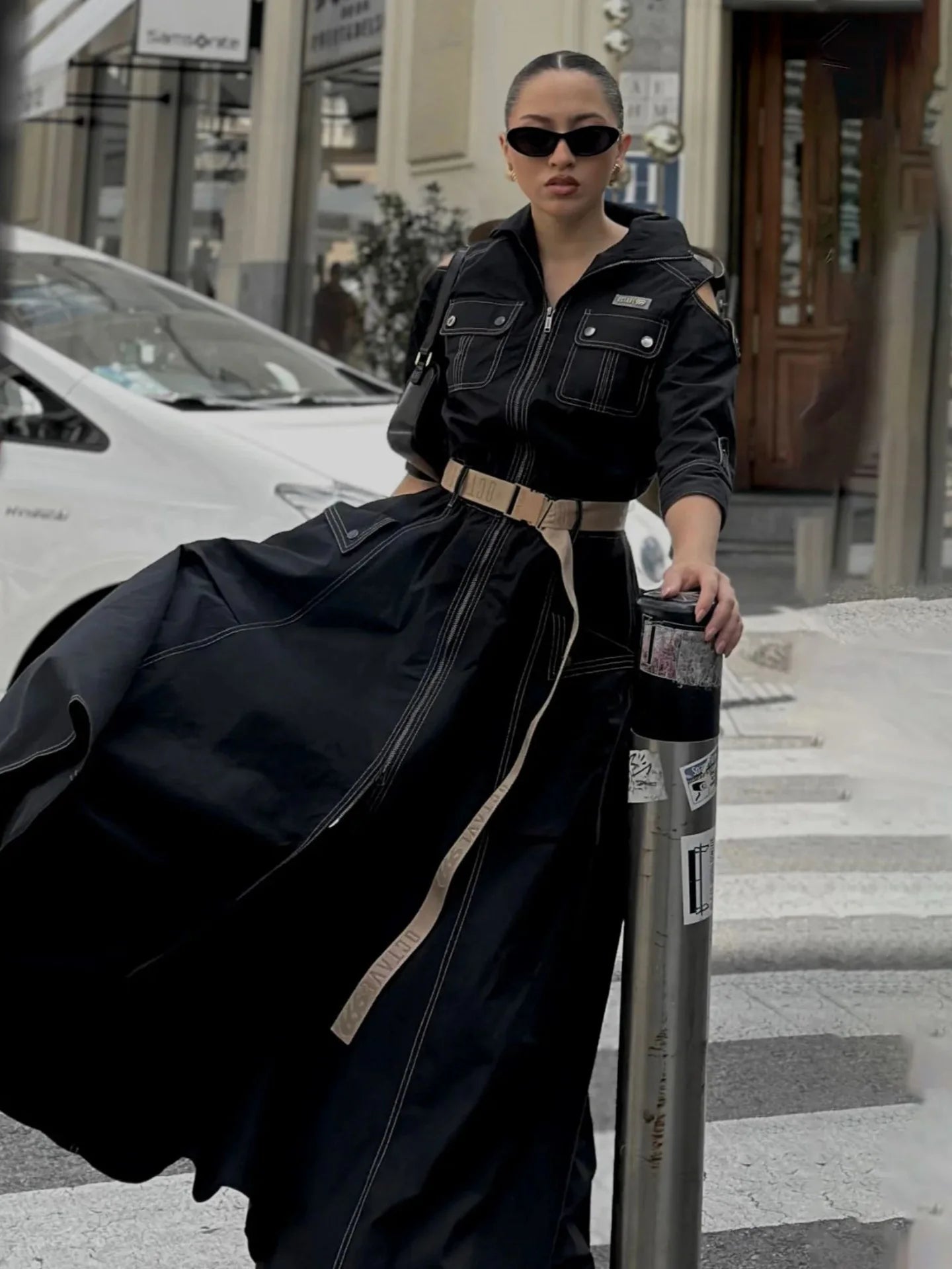 Summer Dress for Women 2026 Retro Turn-down Collar Cold Shoulder Half Sleeve Zipper Belt Pockets Split High Waist Maxi Dresses