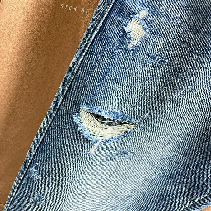 New Men's Ripped Jeans Personality Fashion Tapered Hole Frayed Denim Trousers Streetwear Casual Vintage Blue Pants Male Clothes