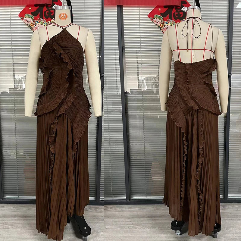 Giyu Sexy Evening Party Dresses Women Summer Halter Prom Gown Ruffles Lotus Edge Tiered Backless Robe Elegant Chiffon Long Dress