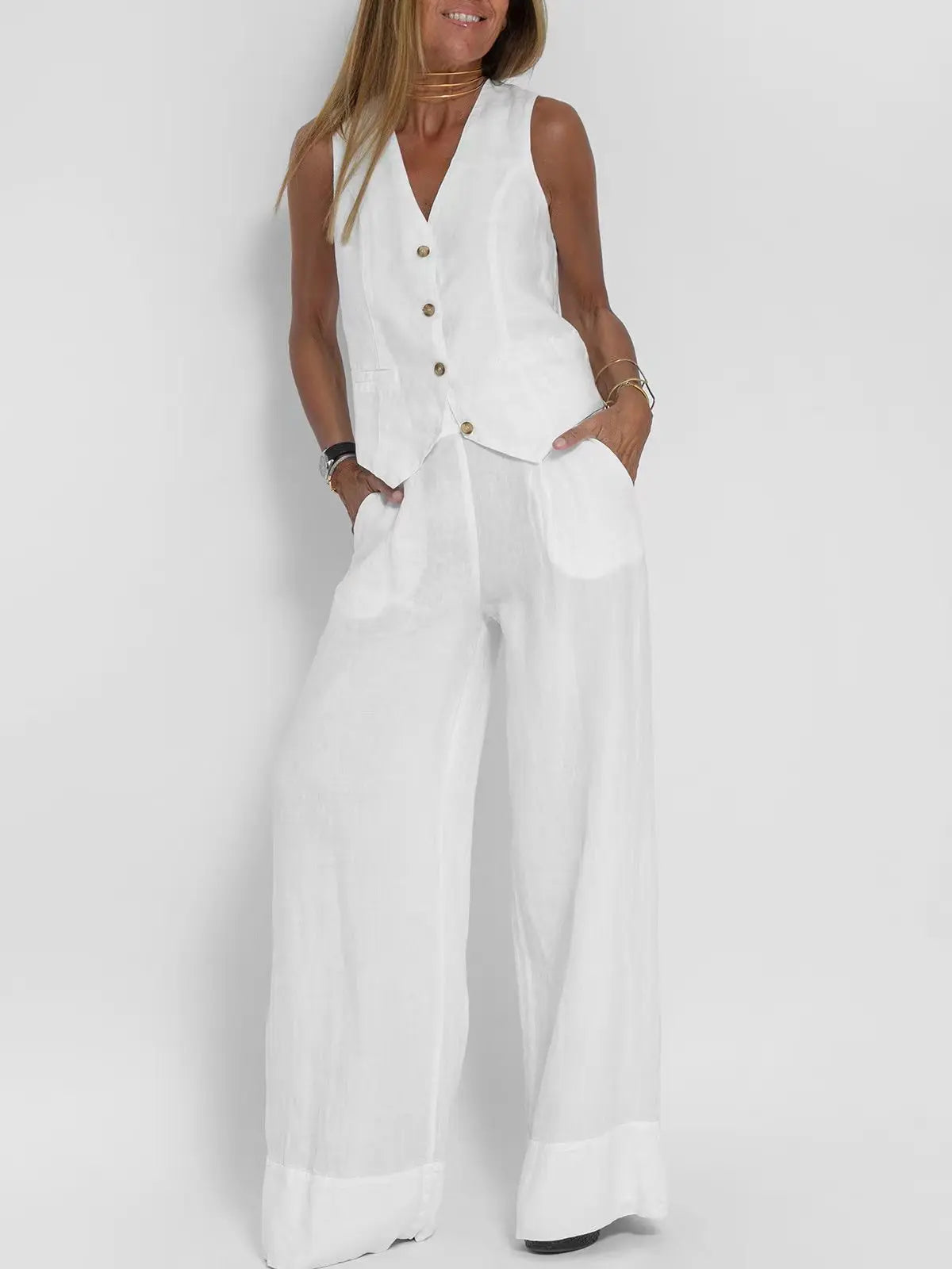 Women's Clothing 2025 Spring Summer New Fashionable Vest Pants Collage Splicing Pure Sleeveless Color Temperament Casual Suit