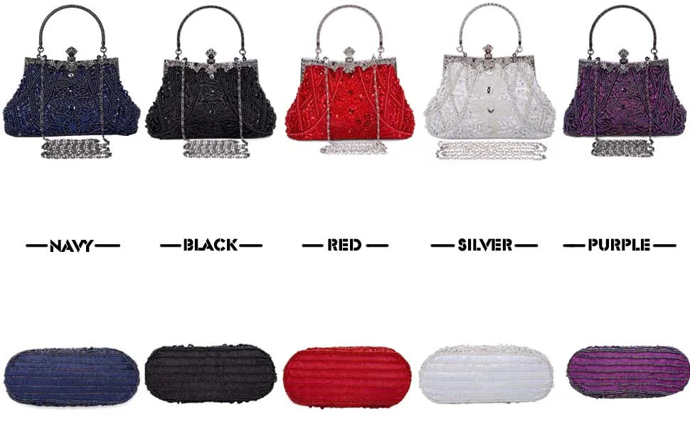 Lost in Vintage Clutch Handbag Beaded and Sequin Kiss-lock Closurer Shoulder Bag Crossbody Detachable ChainProm Evening Party