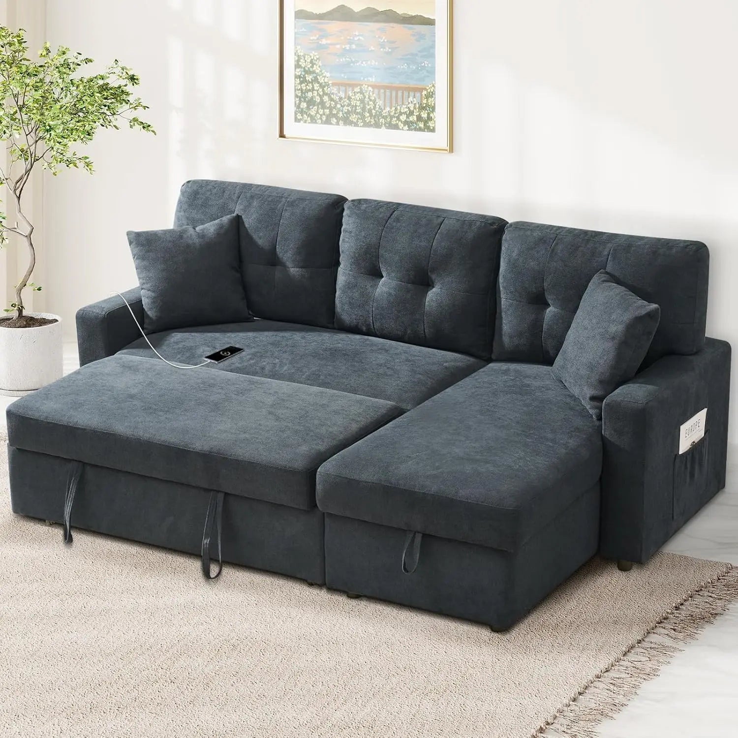 L Shape Sofa with Storage, Pull Out Couch Bed with USB&Type-C Ports, Convertible Sleeper Sofa