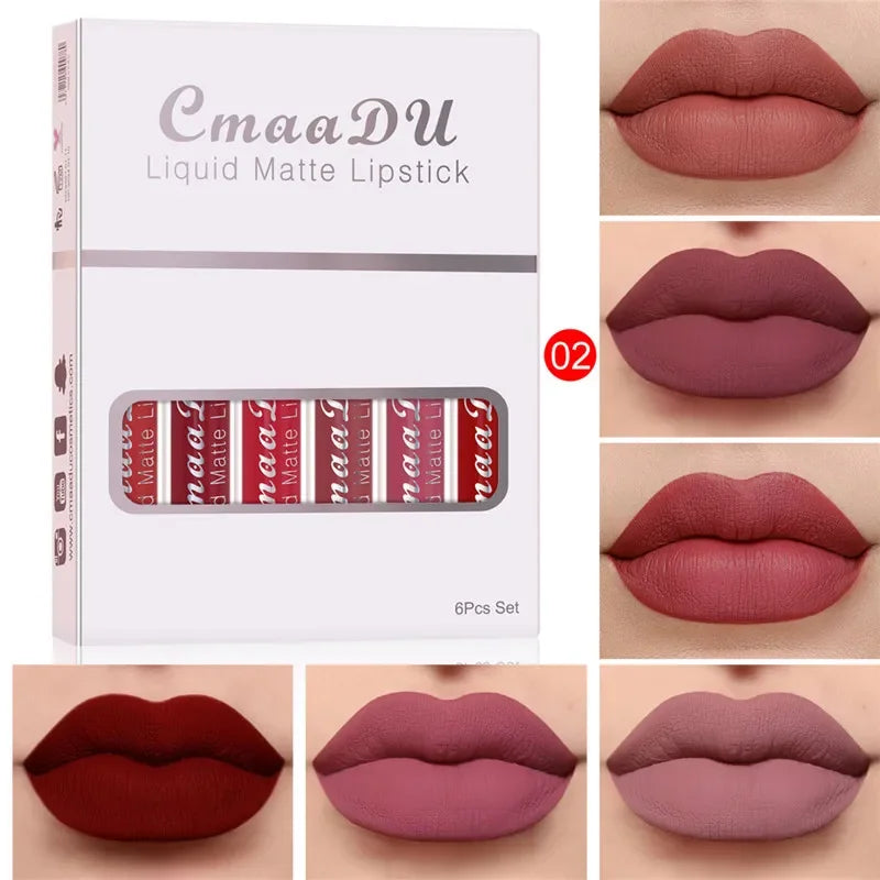 6 Colors/Set Fashion Matte Lip Gloss Sets Natural Moisturize Waterproof Lasting Velvet Sexy Red Liquid Lipstick Beauty Cosmetic