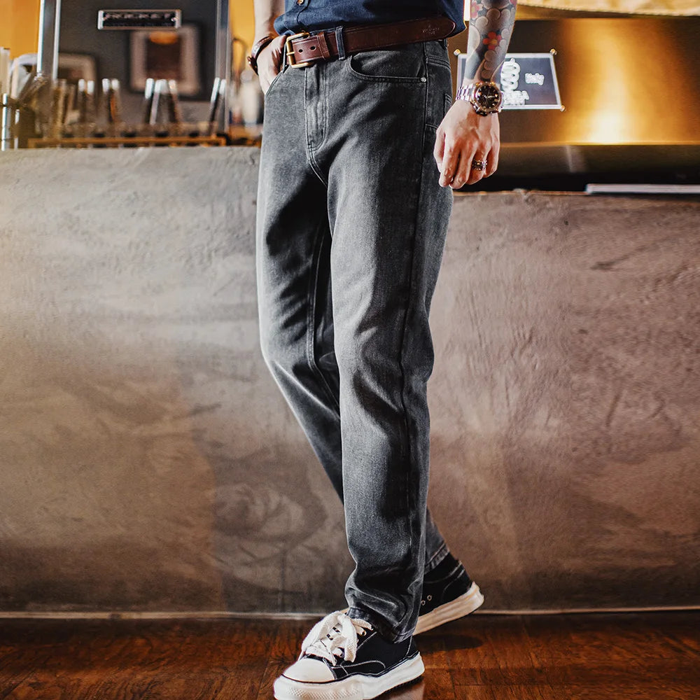 Maden Vintage 13oz Heavyweight Washed Gray Denim Jeans Men's Straight Leg Tapered Pants Casual Trousers for Spring and Fall