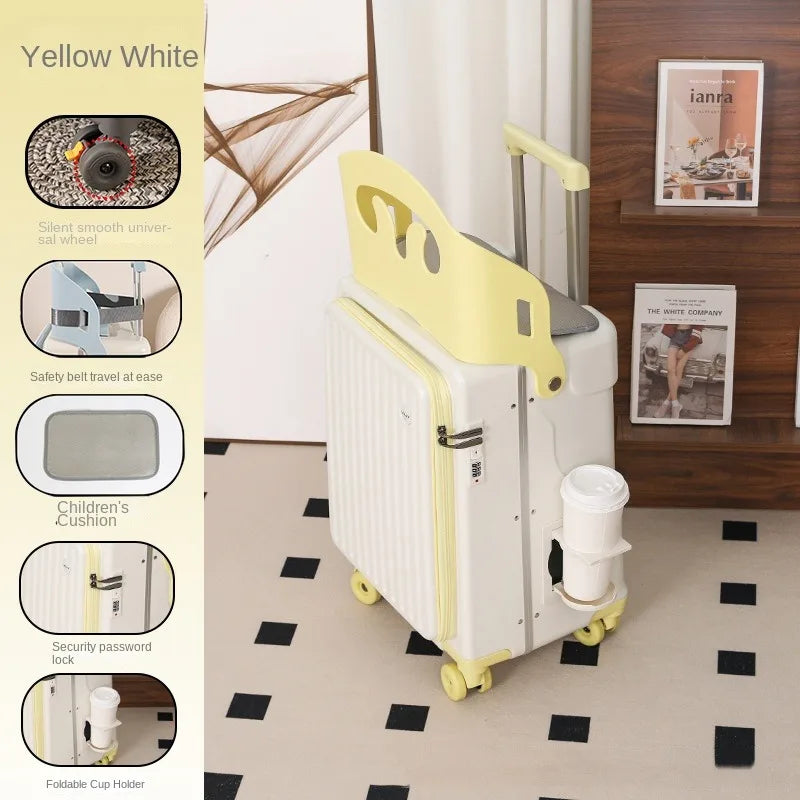 2025 New suitcase for children can Sit 20/22 inch Ride on Luggage Front Opening Sturdy Thickened Travel suitcase with Cup Holder