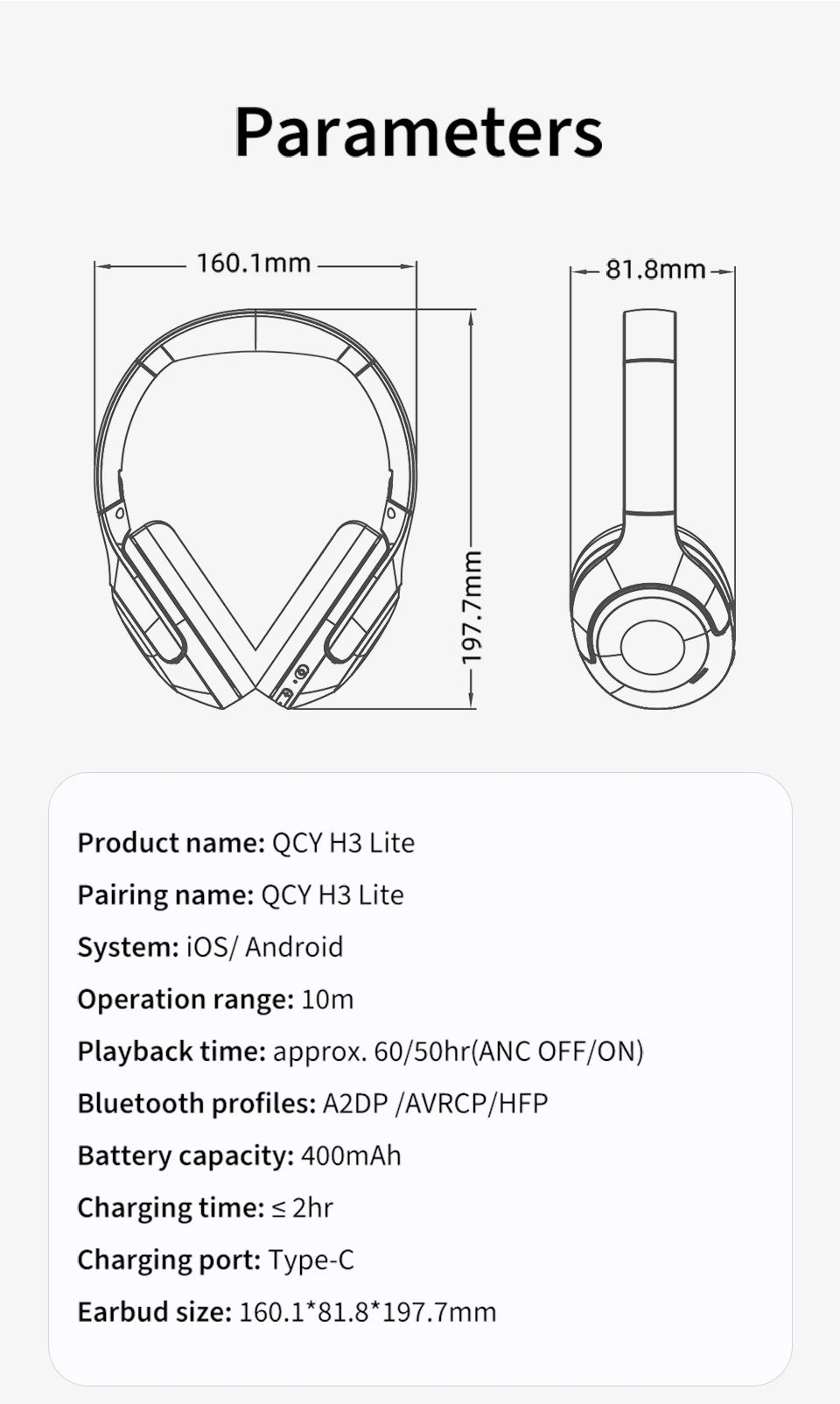QCY H3 Lite ANC Wireless/Wired Headphones (BT 5.3, 60H)