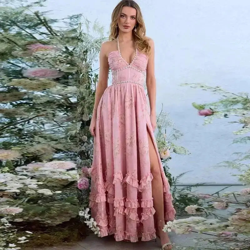 Giyu Sexy Pearl Evening Club Party Dresses Women Summer Dress Elegant Spaghetti Strap Backless Lace Up Maxi Long Ruffles Robe